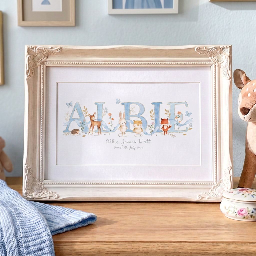 Woodland Pastels Blue – Baby Name Print