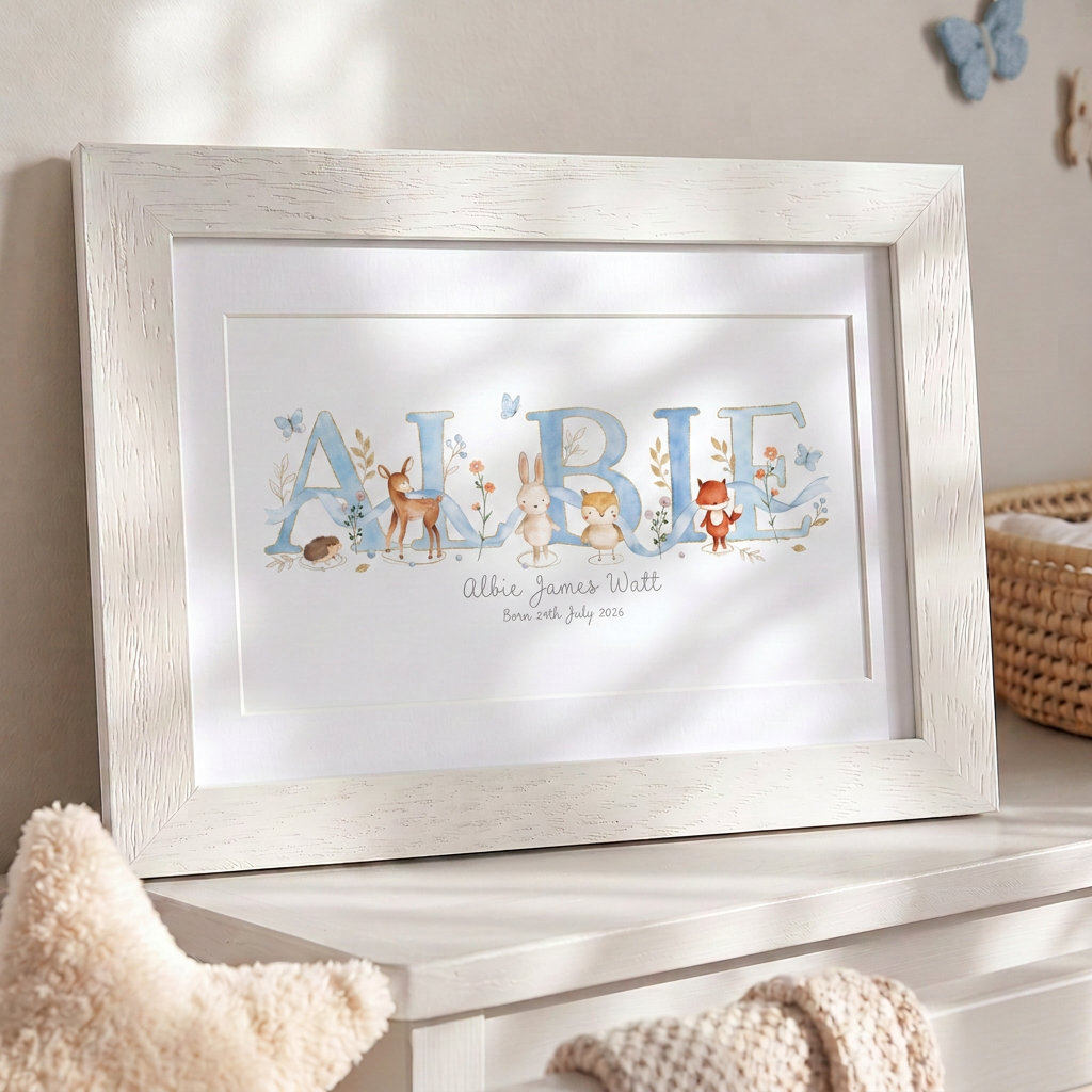 Woodland Pastels Blue – Baby Name Print