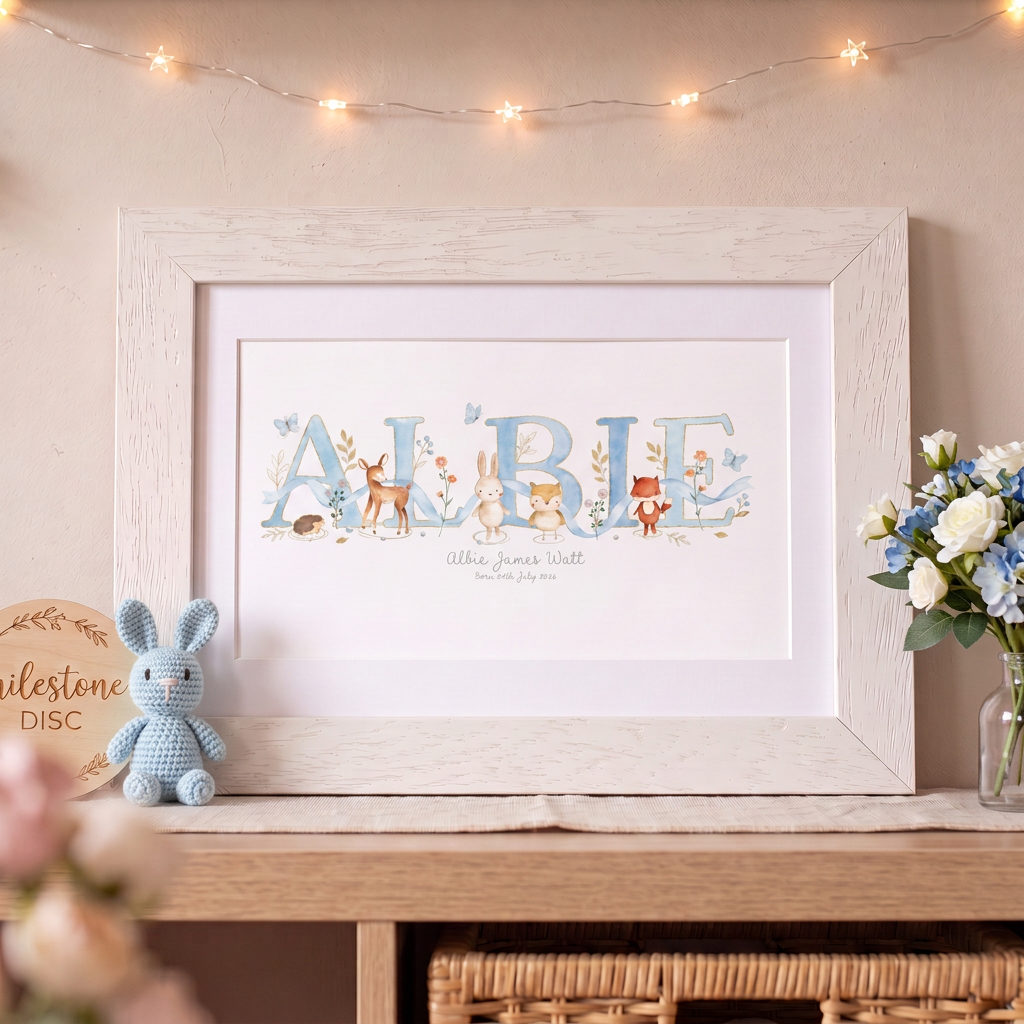 Woodland Pastels Blue – Baby Name Print