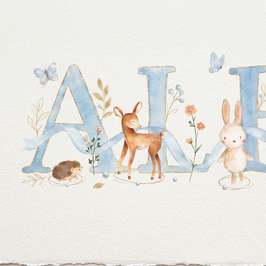 Woodland Pastels Blue – Baby Name Print