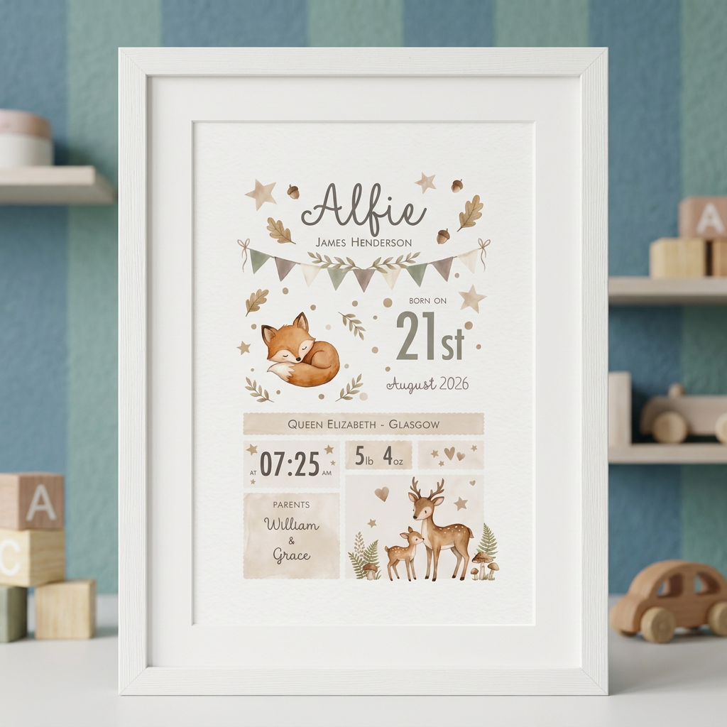 Woodland Animals Birth Print