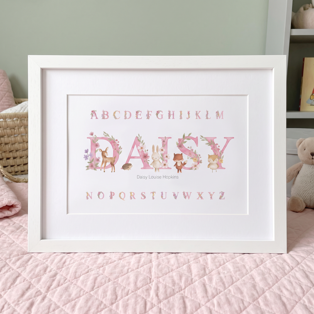 Woodland Animals Pink - Baby Name Print