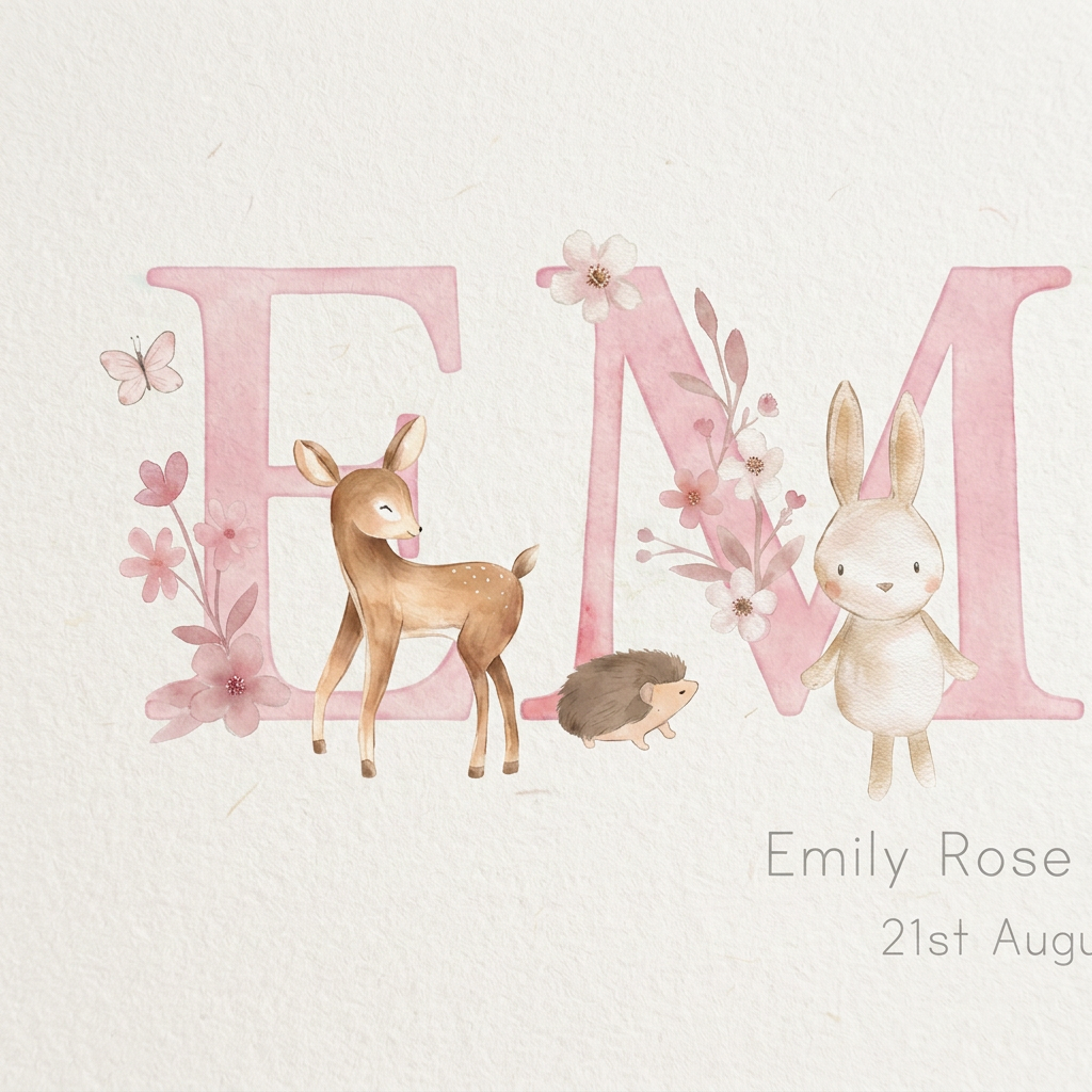 Woodland Animals Pink - Baby Name Print