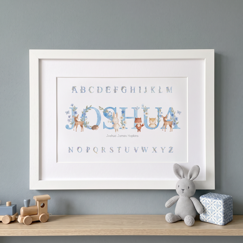 Woodland Animals Blue - Baby Name Print