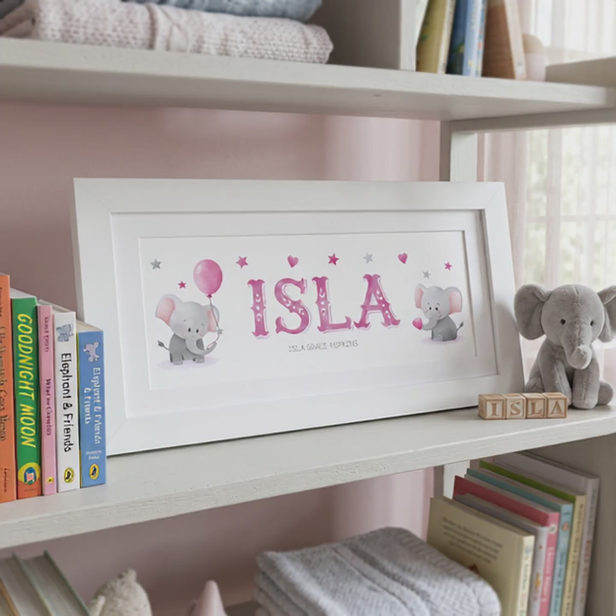 Baby Elephants Pink + Blue - Baby Name Print