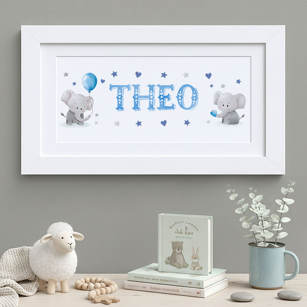 Baby Elephants Pink + Blue - Baby Name Print