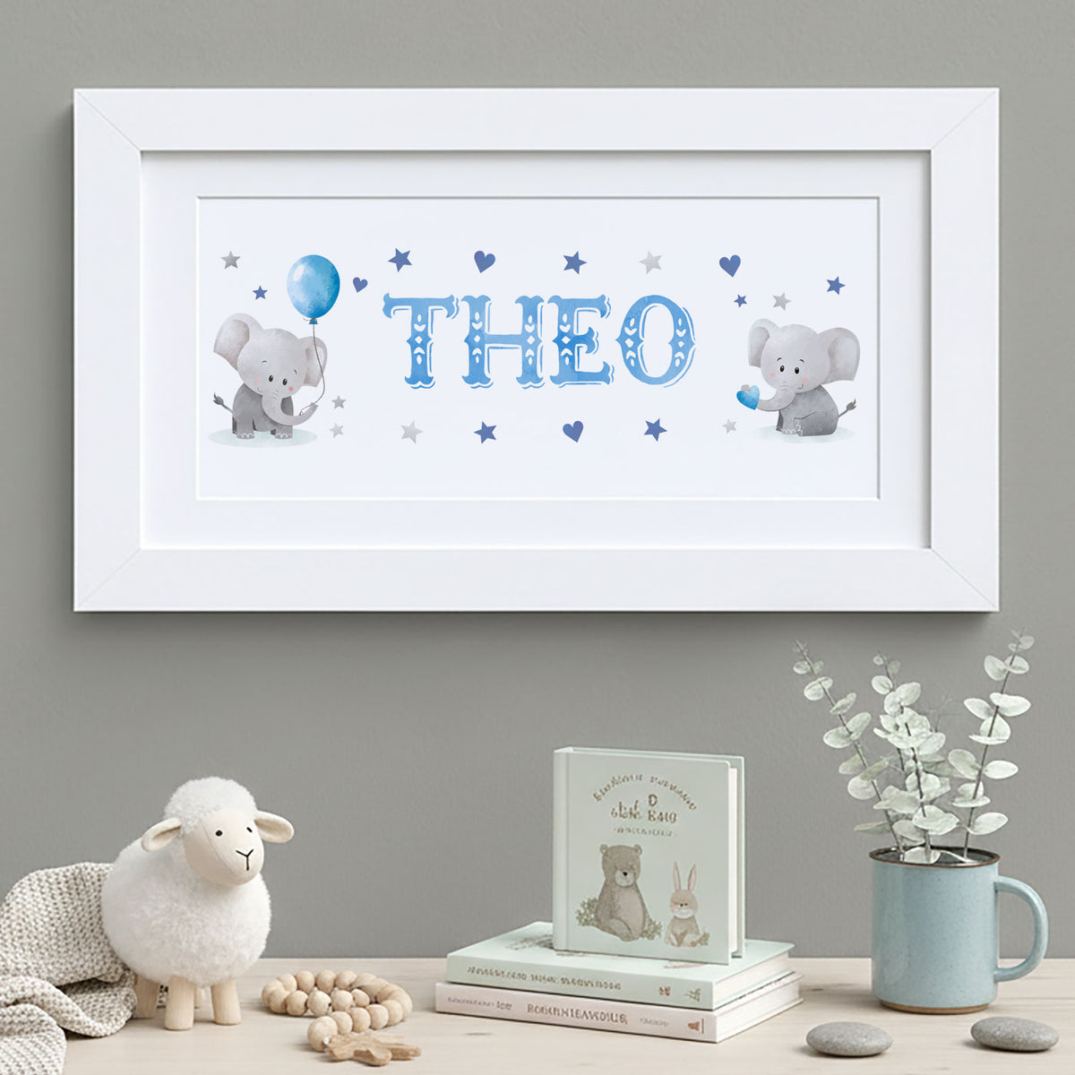 Baby Elephants Pink + Blue - Baby Name Print