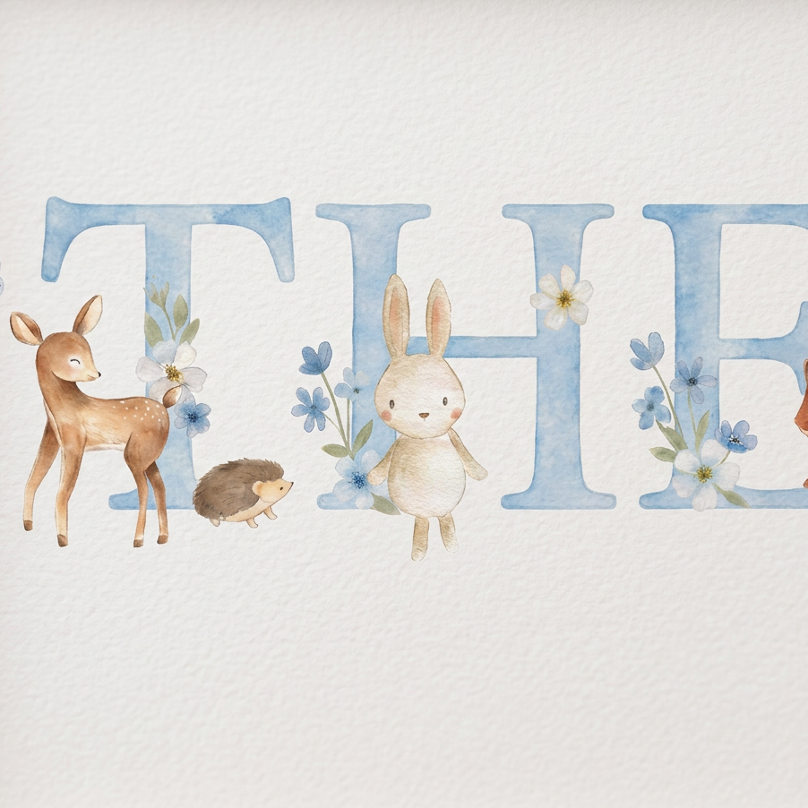 Woodland Animals Blue - Baby Name Print