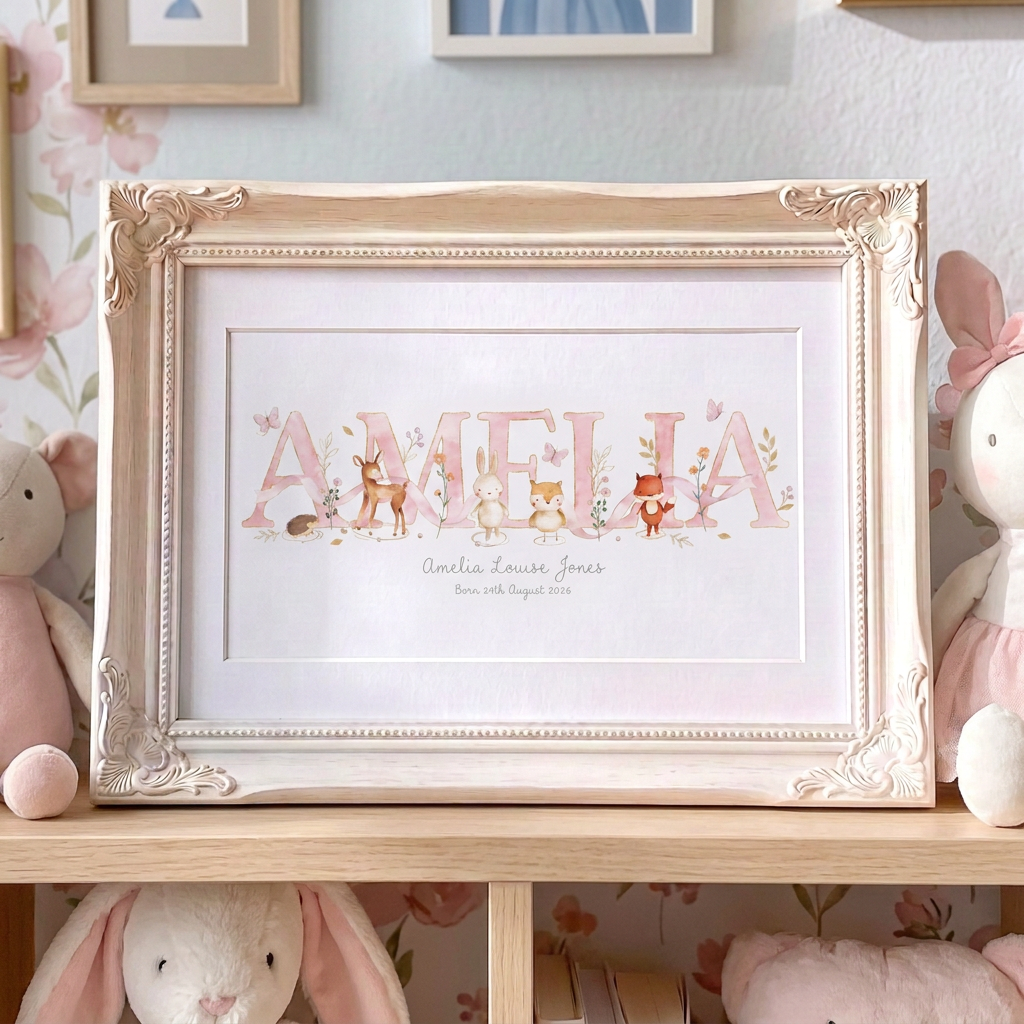 Woodland Pastels Pink - Baby Name Print