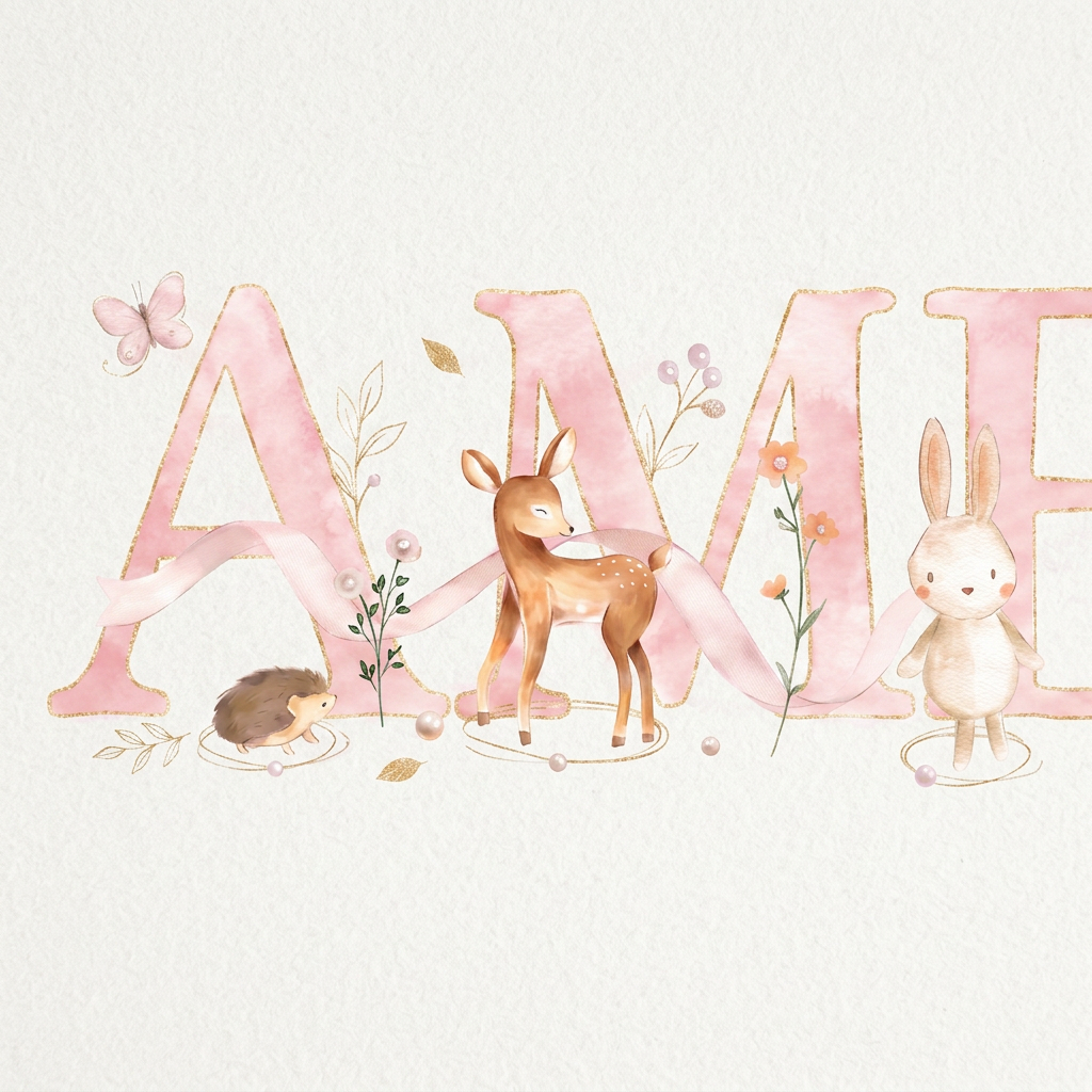 Woodland Pastels Pink - Baby Name Print